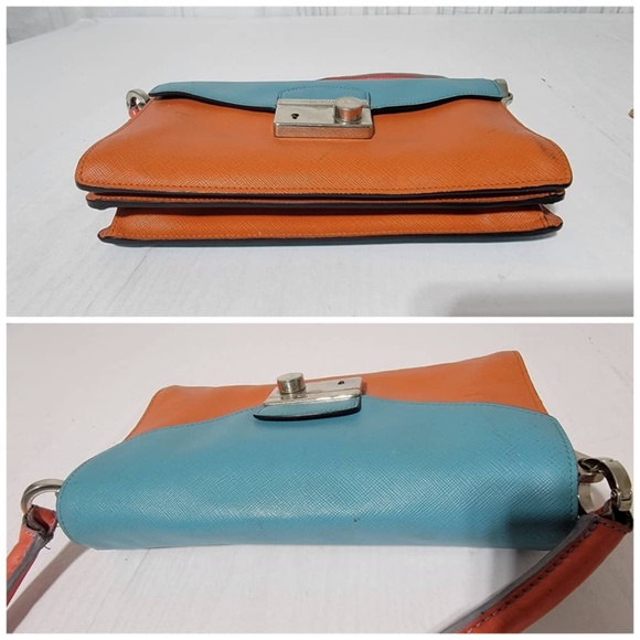 Authentic Prada Saffiano Sound Lock Pochette Shoulder Bag Orange/Blue - Picture 8 of 16